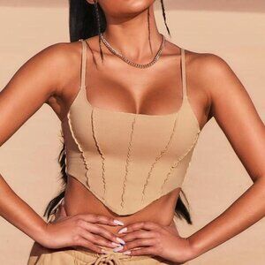 Oh Polly On Point Beige Nude Exposed Seam V Hem Square Neck Crop Top